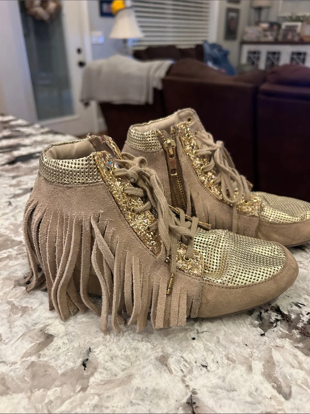 Beige Fringe Suede High-Top Sneakers with Gold Accents